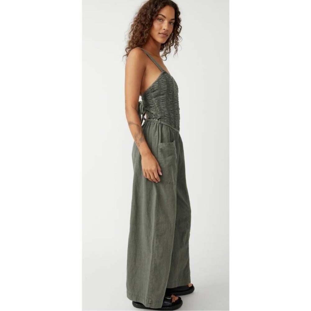 Free People Olive Green Wide-Leg Back-Tie Jumpsuit - Picture 4 of 7